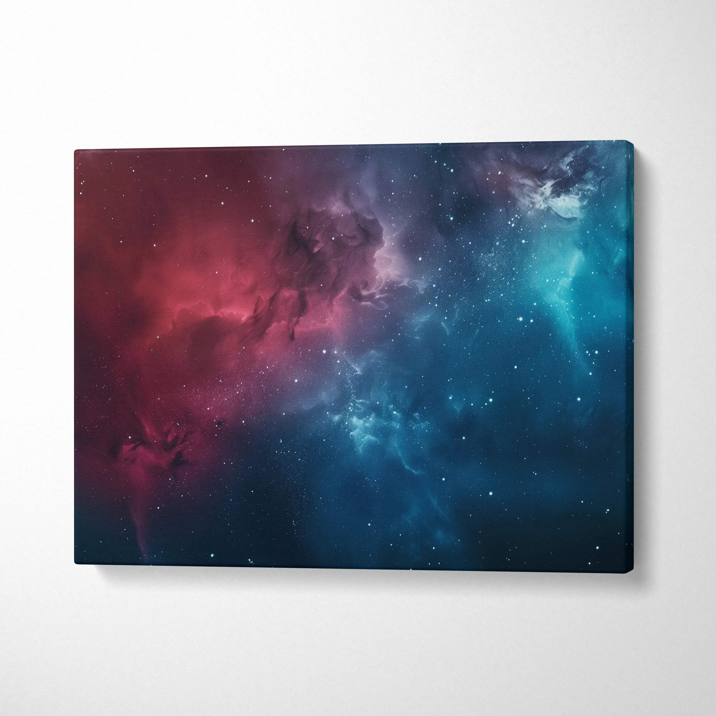 Vibrant abstract digital art canvas wall decor with red and blue cosmic nebula design.