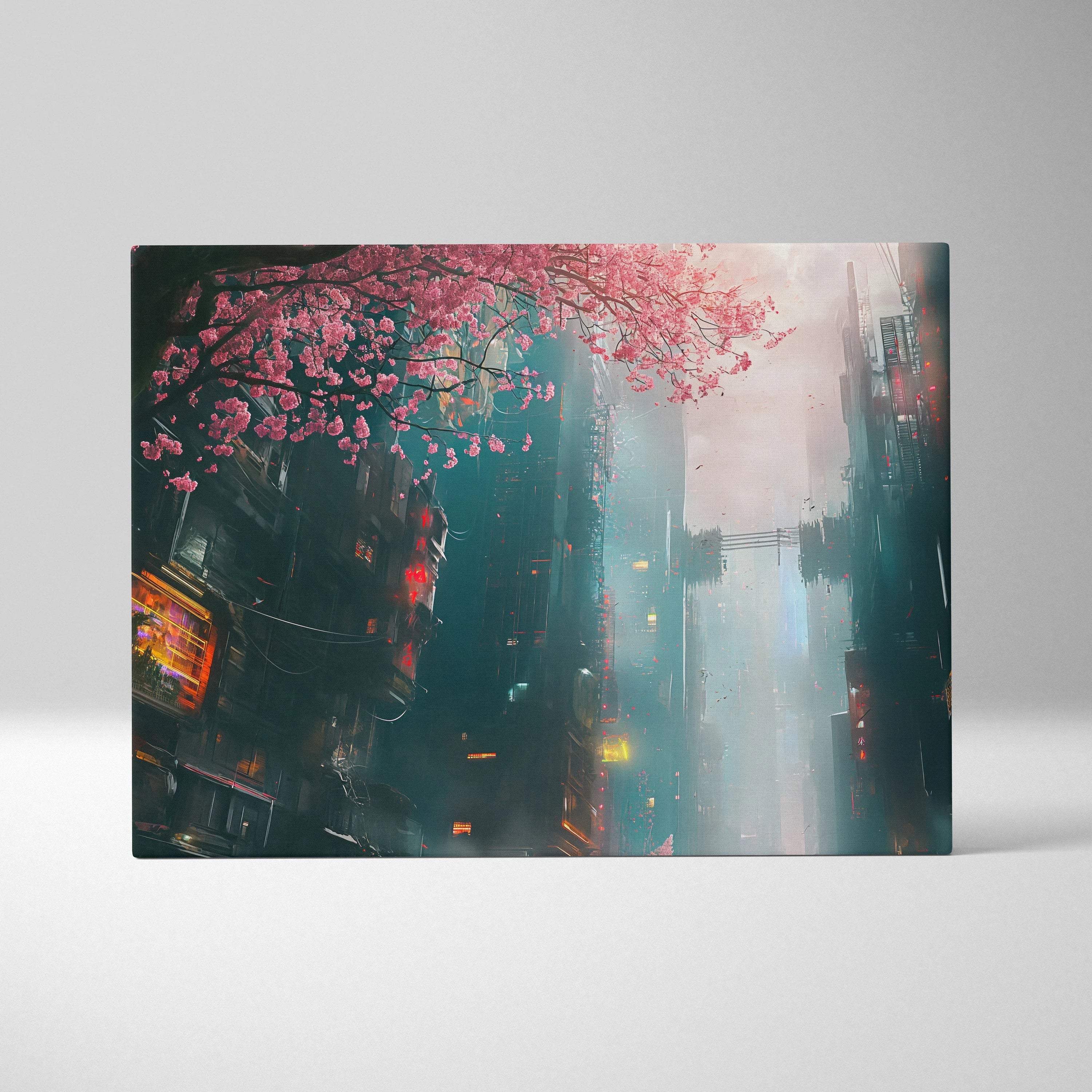 Stunning Digital Cherry Blossom Wall Art with Floral and Cyberpunk Design