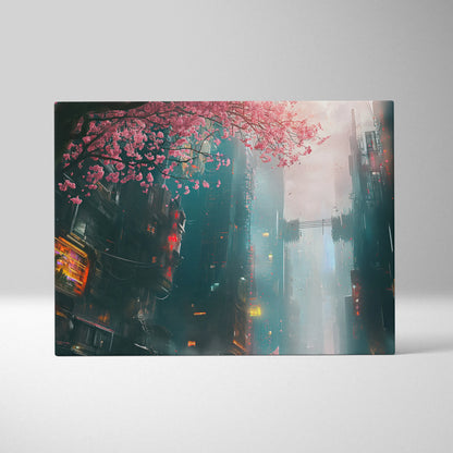 Stunning Digital Cherry Blossom Wall Art with Floral and Cyberpunk Design