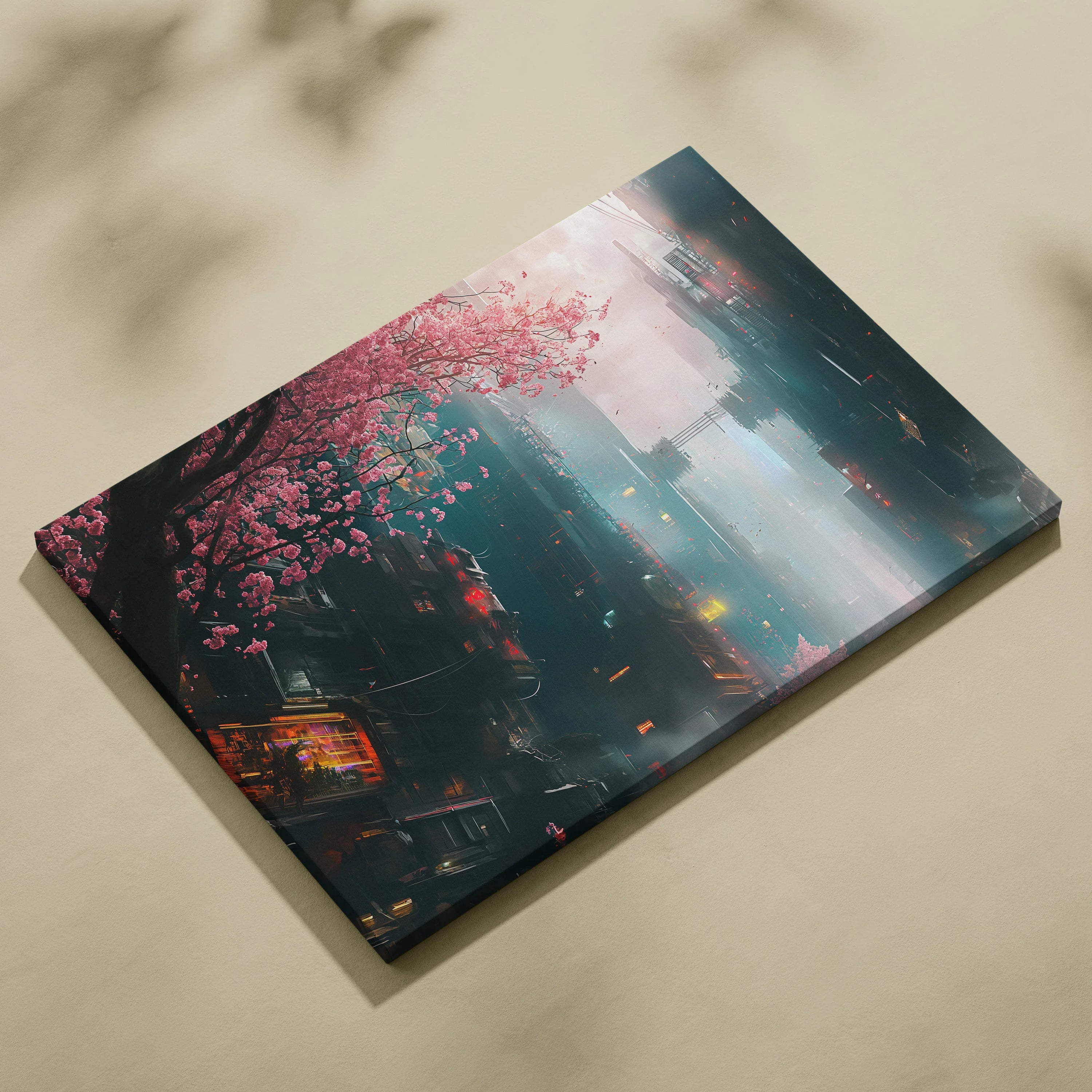 Stunning Digital Cherry Blossom Wall Art with Floral and Cyberpunk Design