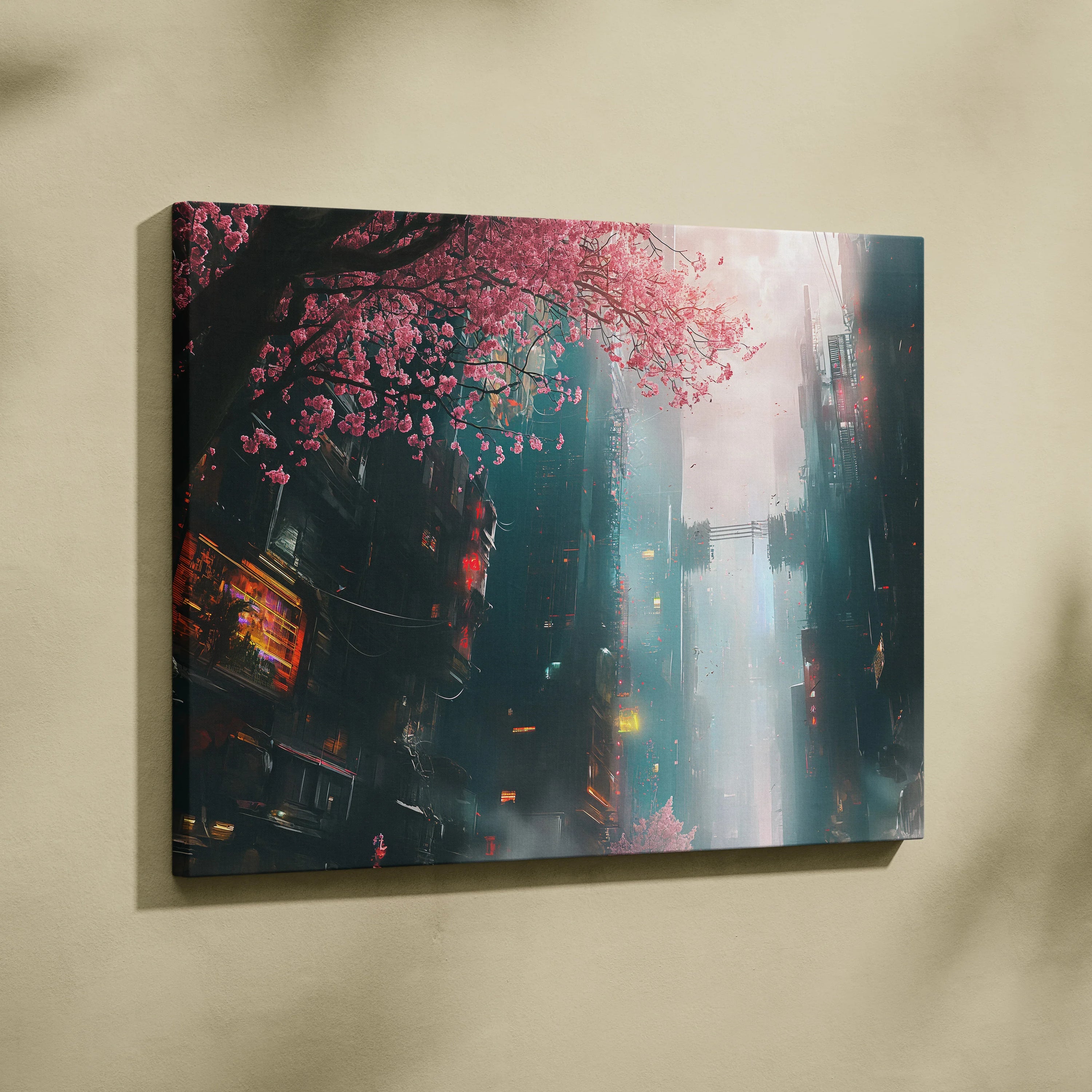 Stunning Digital Cherry Blossom Wall Art with Floral and Cyberpunk Design