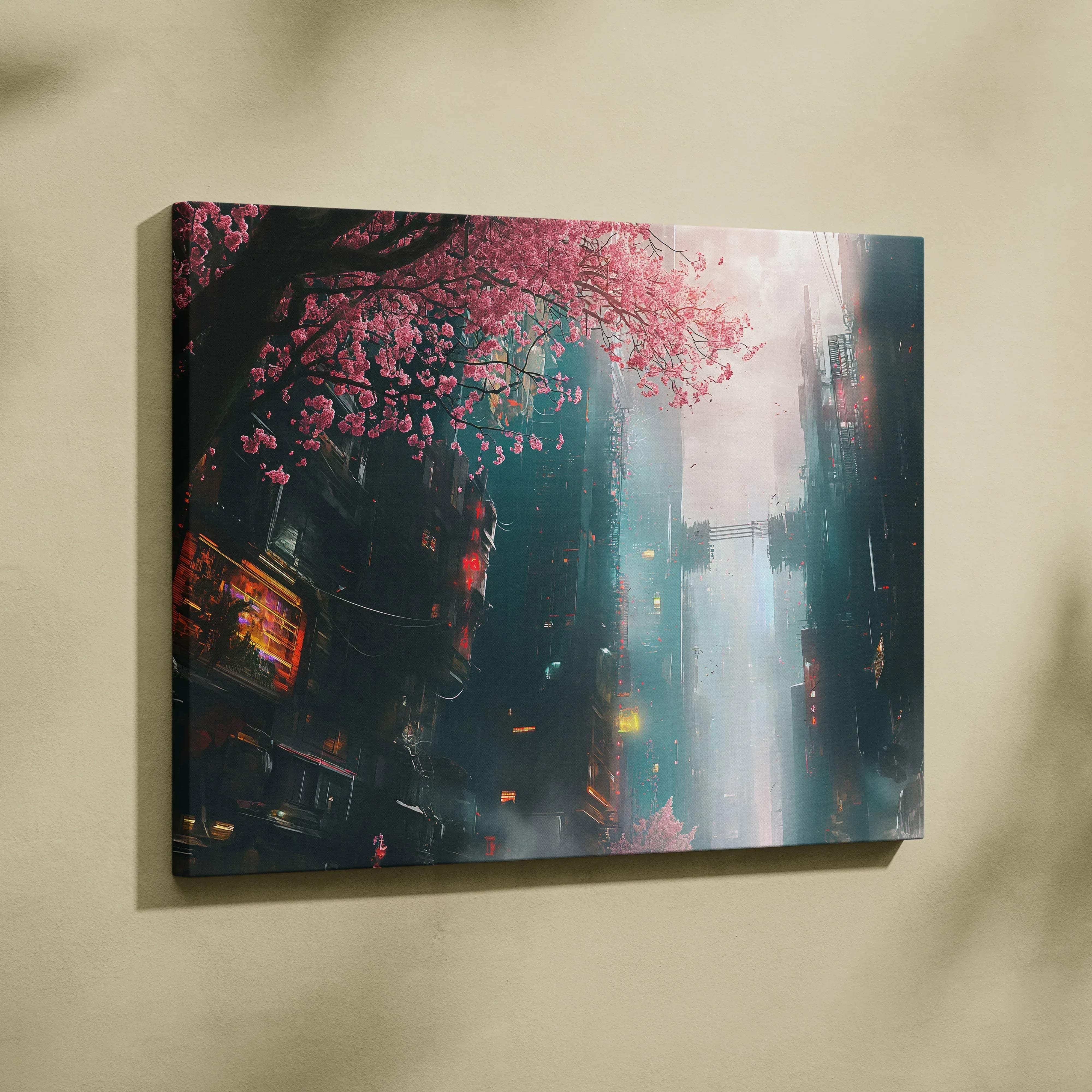 Cyberpunk cherry blossom canvas print: neon pink tree over misty city street