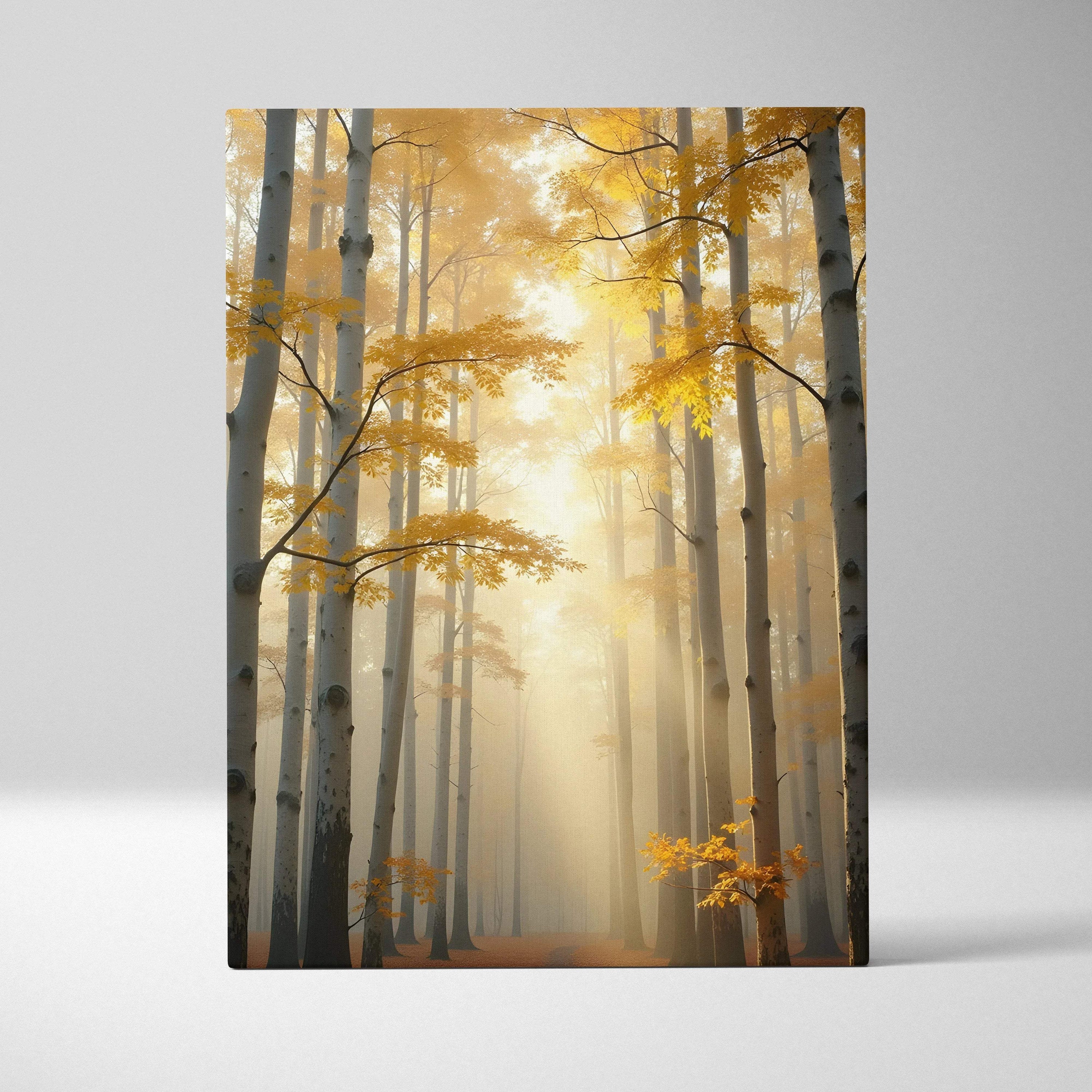 Golden autumn birch forest with sunlit path serene misty woodland canvas art