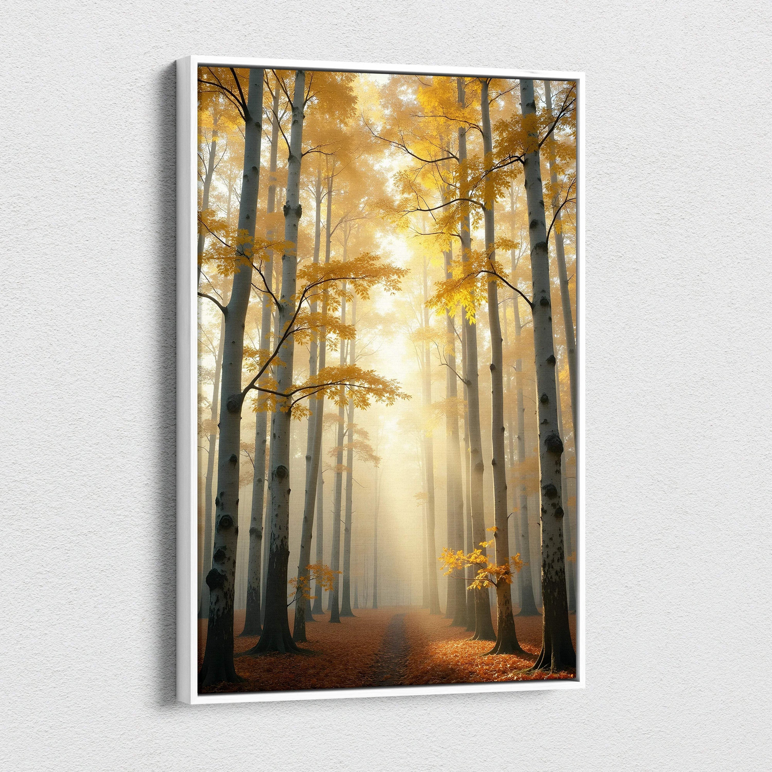 Golden autumn birch forest with sunlit path serene misty woodland canvas art in white frame