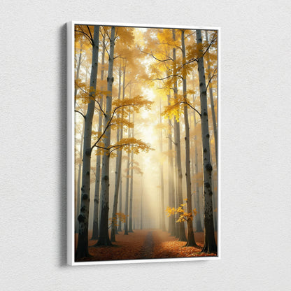 Golden autumn birch forest with sunlit path serene misty woodland canvas art in white frame
