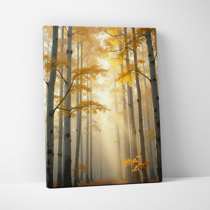 Golden autumn birch forest canvas art with sunlit misty path