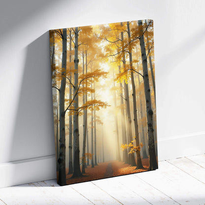 Golden autumn birch forest with sunlit path serene misty canvas wall art