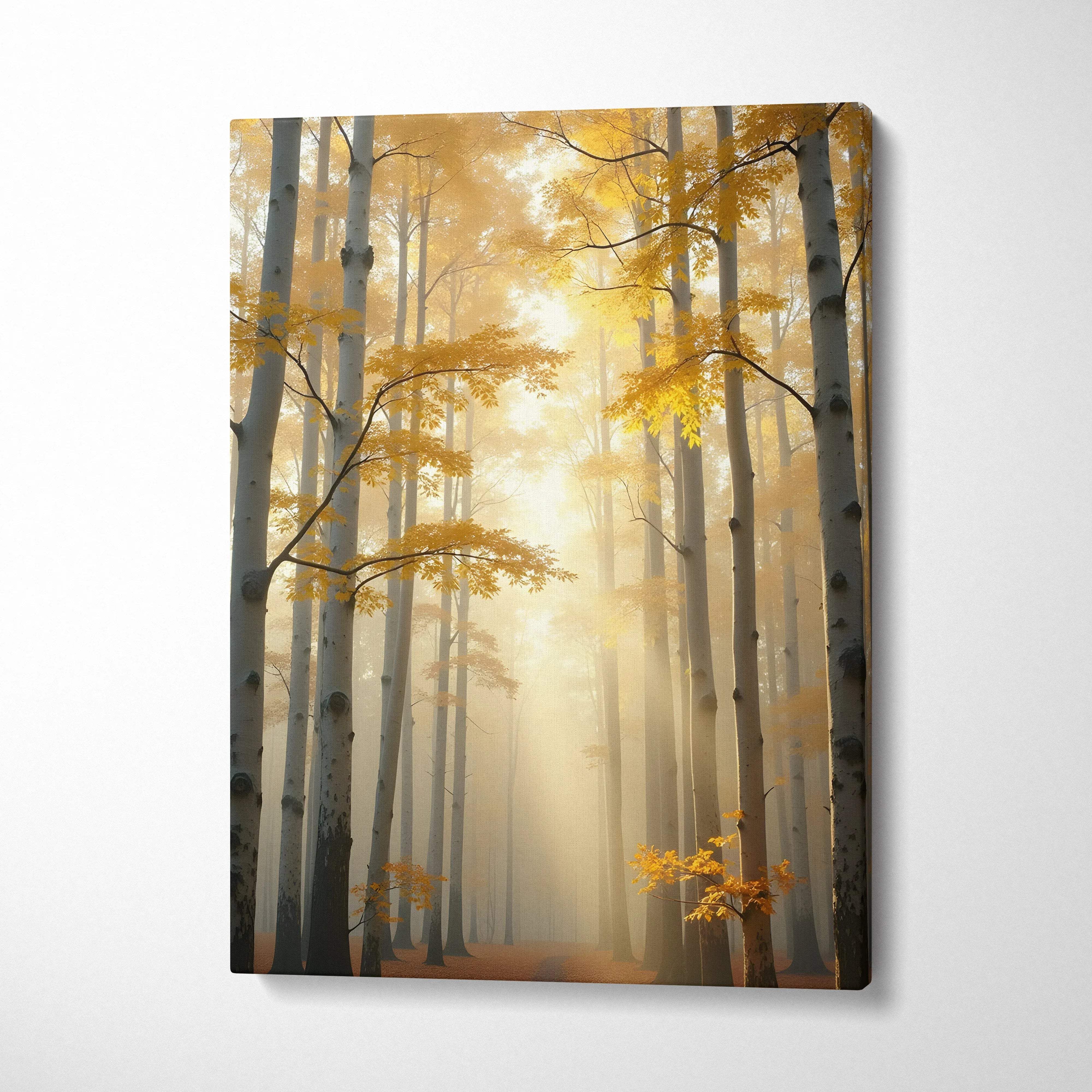 Golden autumn birch forest with sunlit path serene misty canvas art