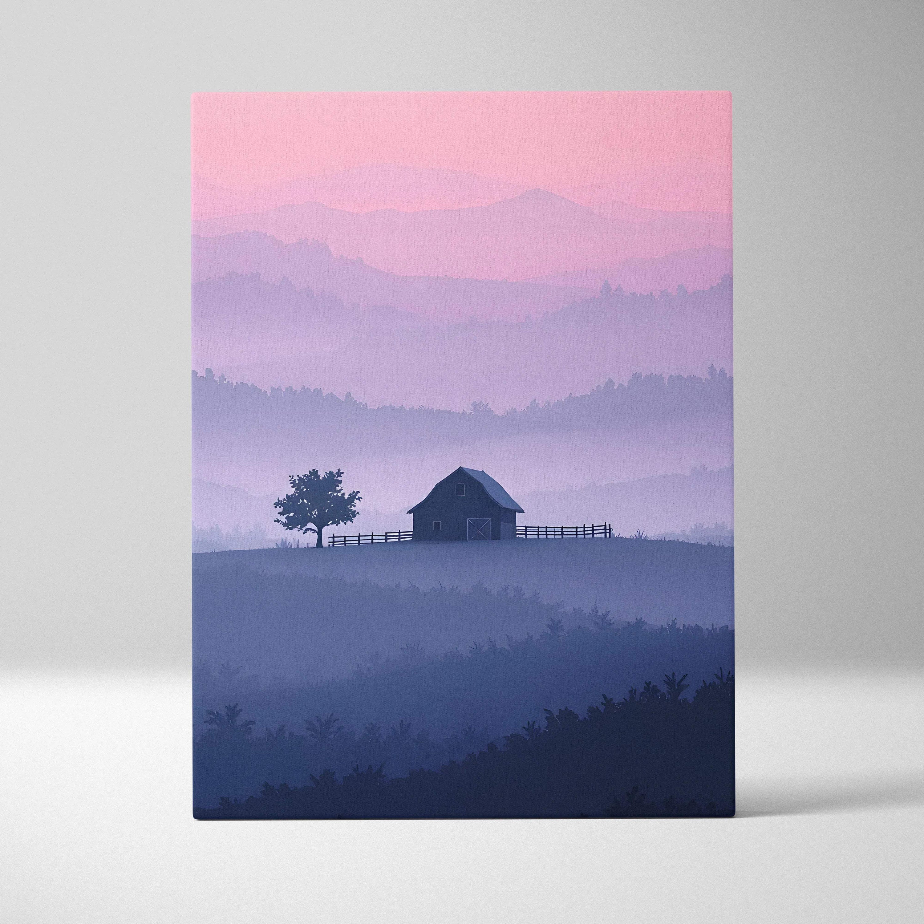 Serene misty evening barn canvas wall art in pink lavender blue tones