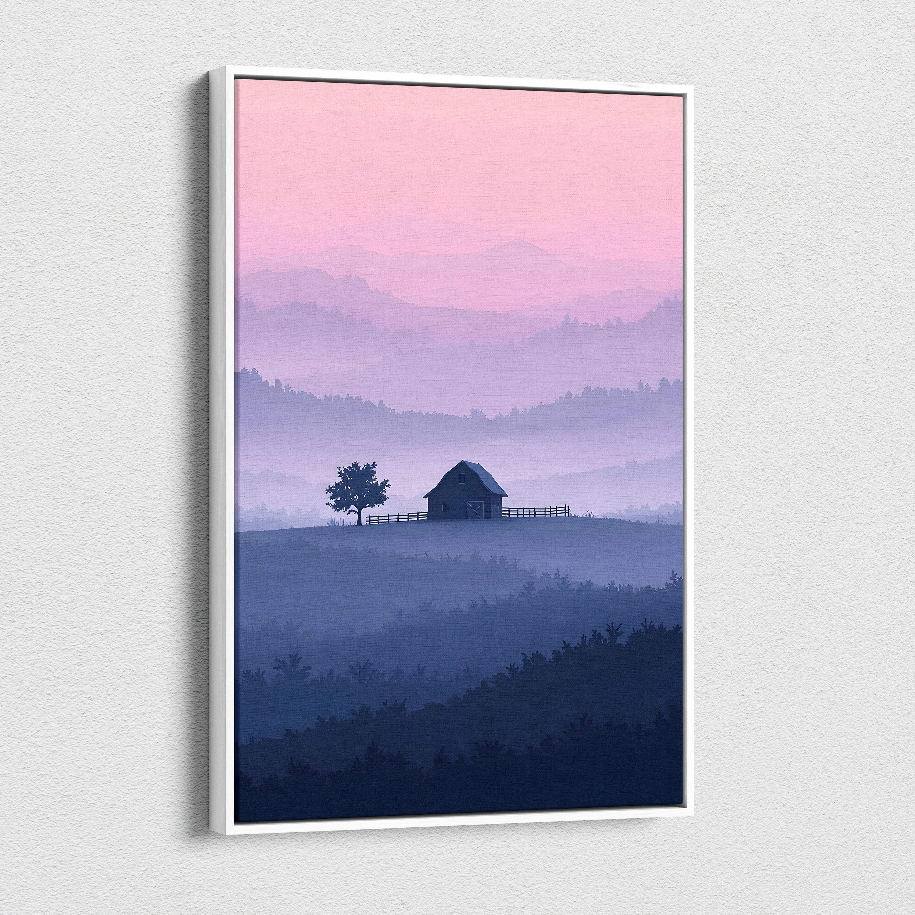 Misty evening barn on hillside at dawn in pink, lavender, blue canvas print