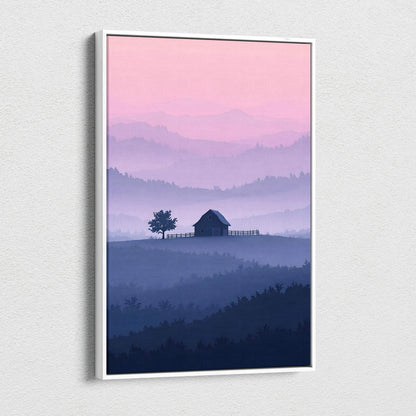 Misty evening barn on hillside at dawn in pink, lavender, blue canvas print