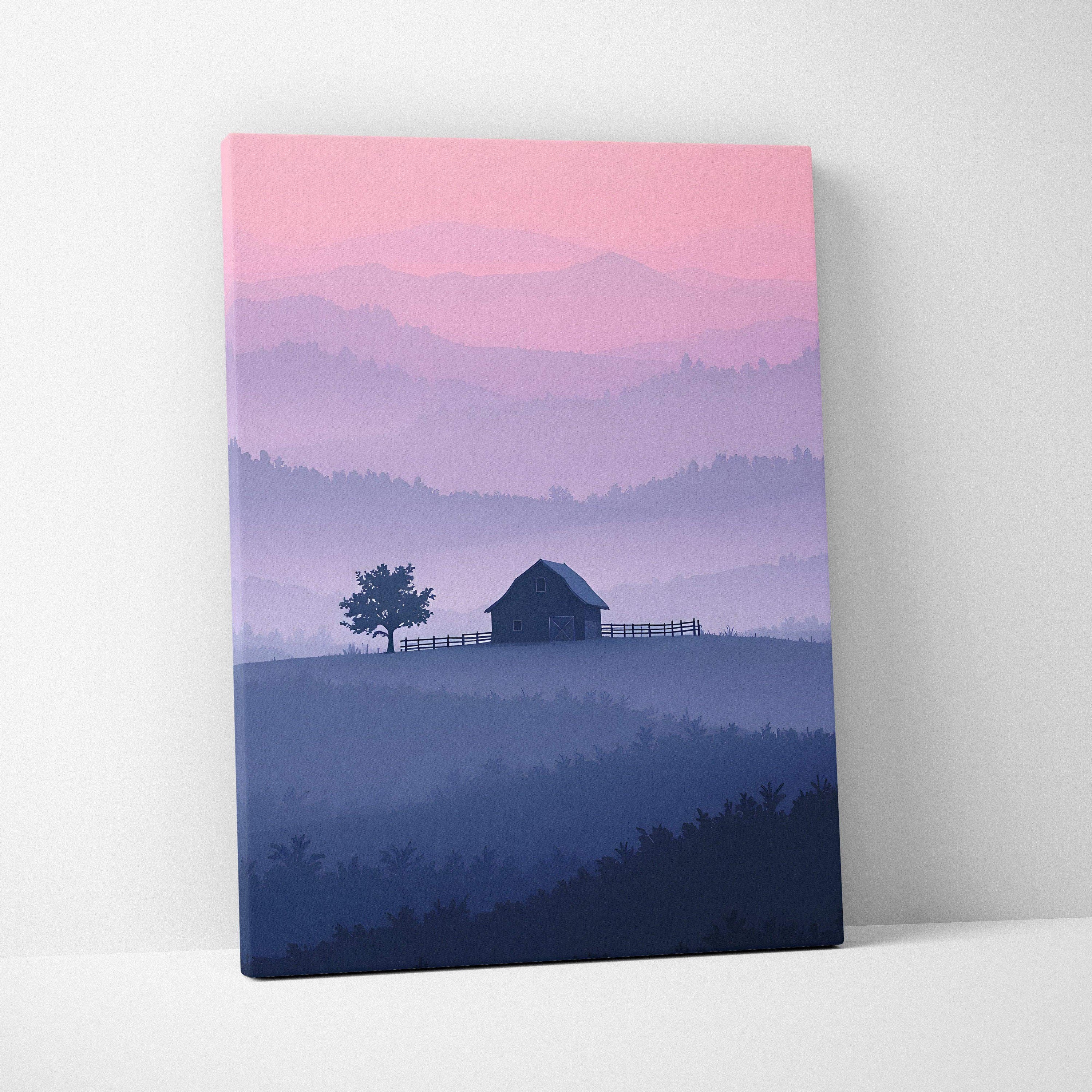 Misty evening barn landscape canvas art in soft pink lavender tones