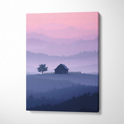 Misty evening barn landscape canvas in pink lavender purple tones