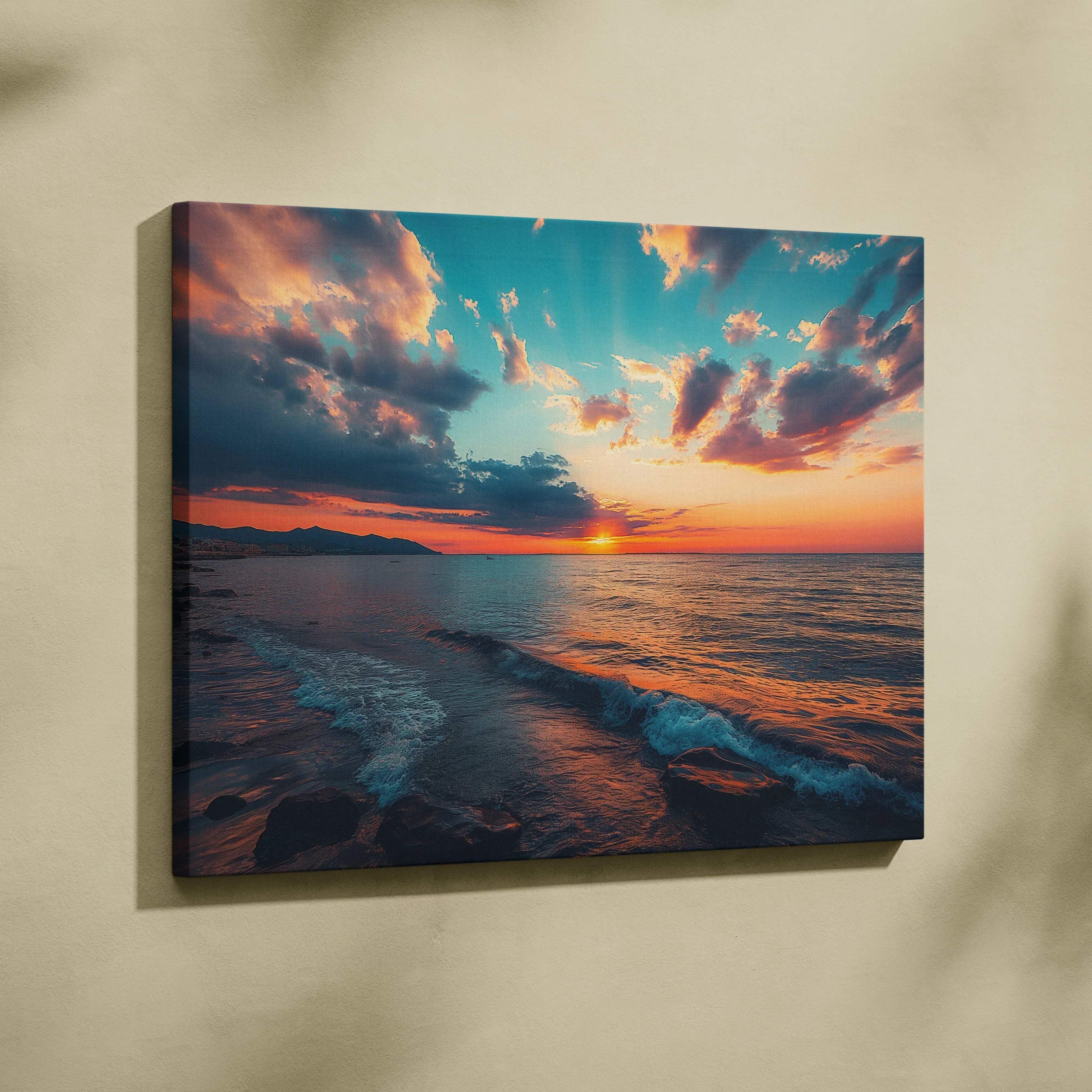 Canvas wall art of beach sunset seascape in warm blues and oranges