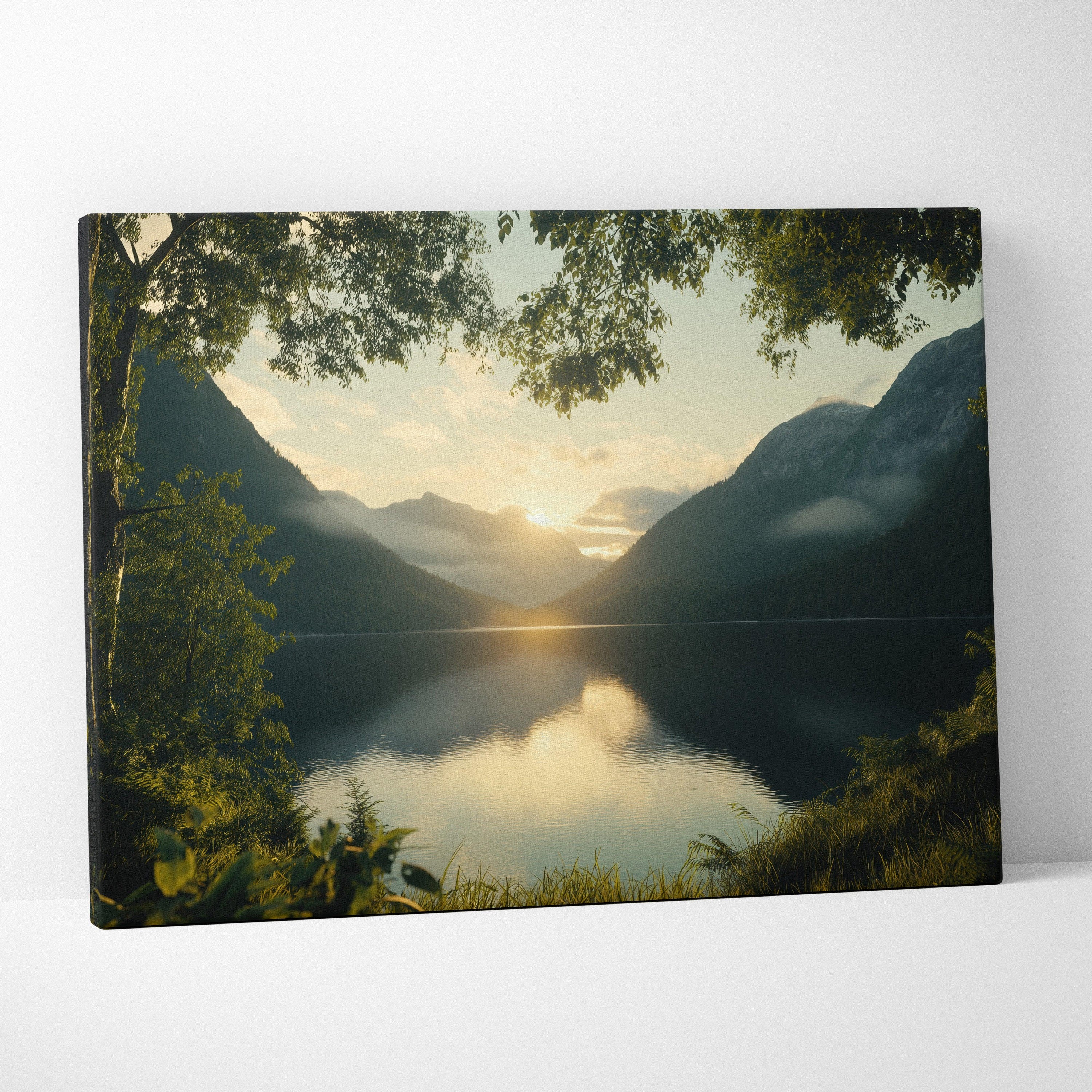 Canvas wall art featuring a forest and mountain sunset with reflective lake and soft light decor.