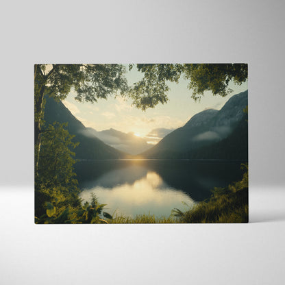 Nature-inspired forest sunset over mountains canvas wall art with lake reflection decor.