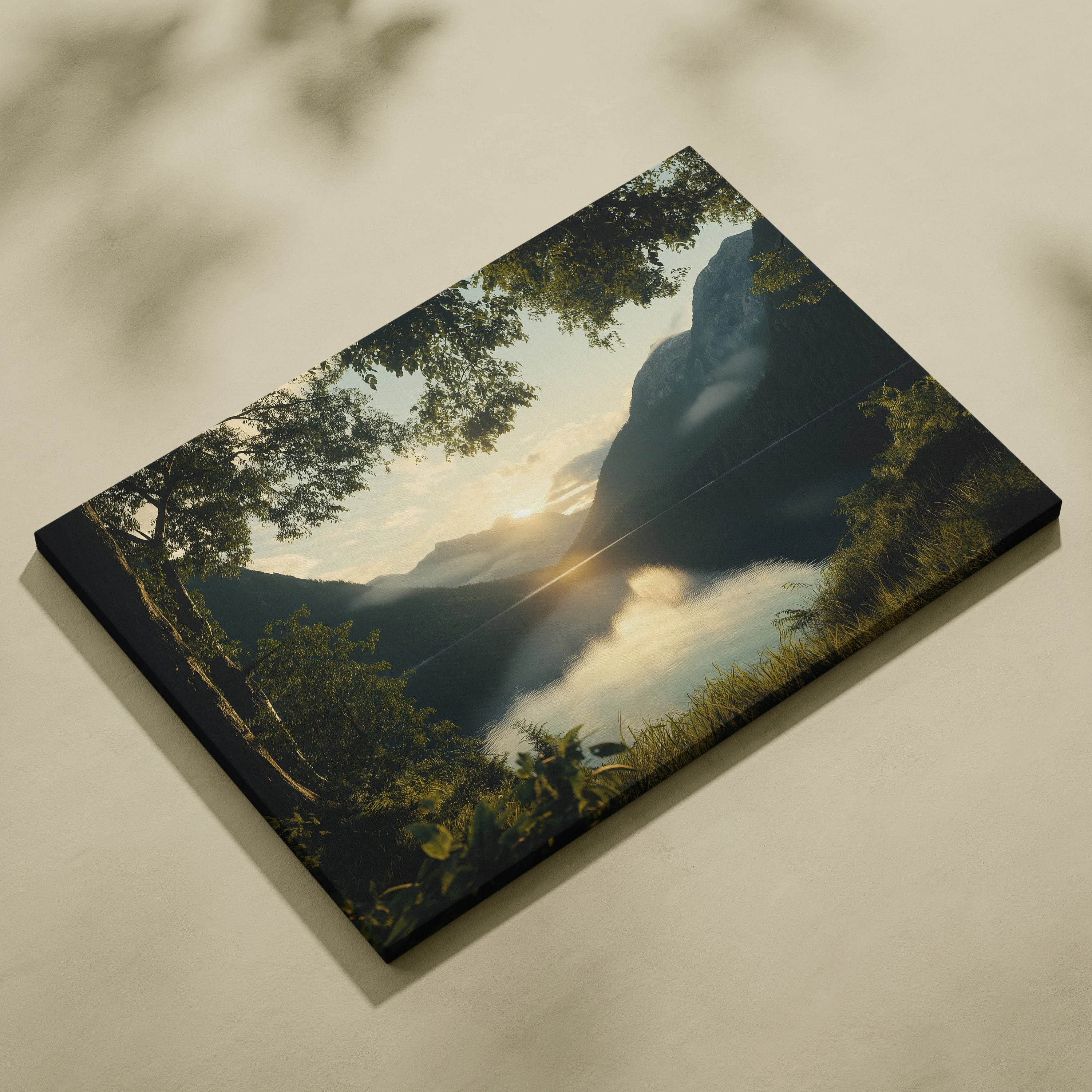 Nature-inspired forest and mountain sunset canvas wall art with warm light and scenic view decor.