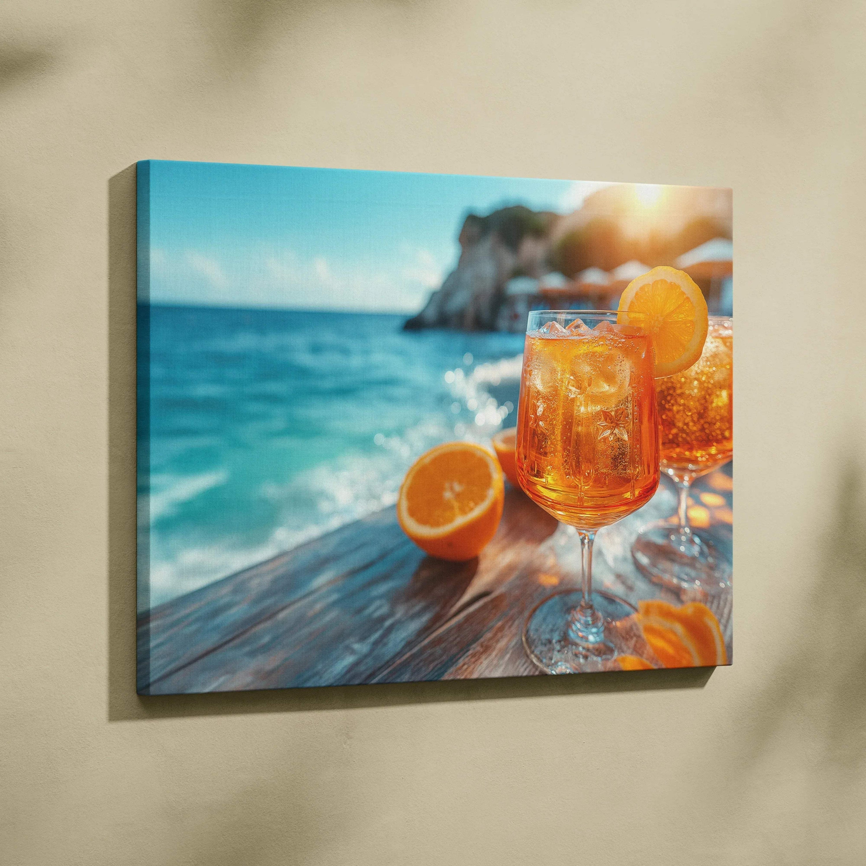 Vibrant canvas wall art featuring fresh orange Aperol cocktail on rustic wooden table by the sea.
