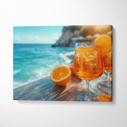 Canvas wall art featuring vibrant orange Aperol cocktail with fresh orange slices by the sea decor.