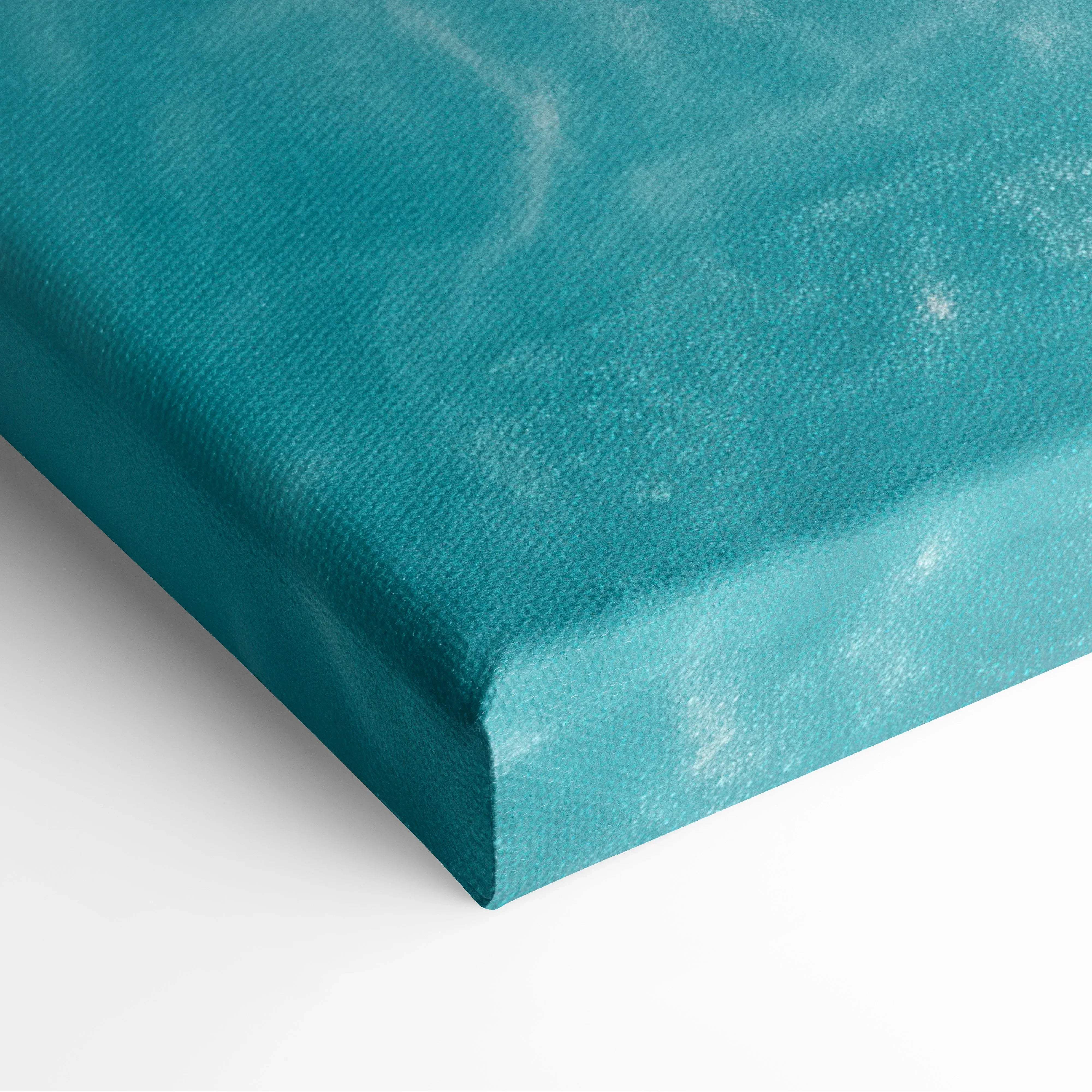 Teal textured distressed canvas print of turquoise waves yellow umbrella beach