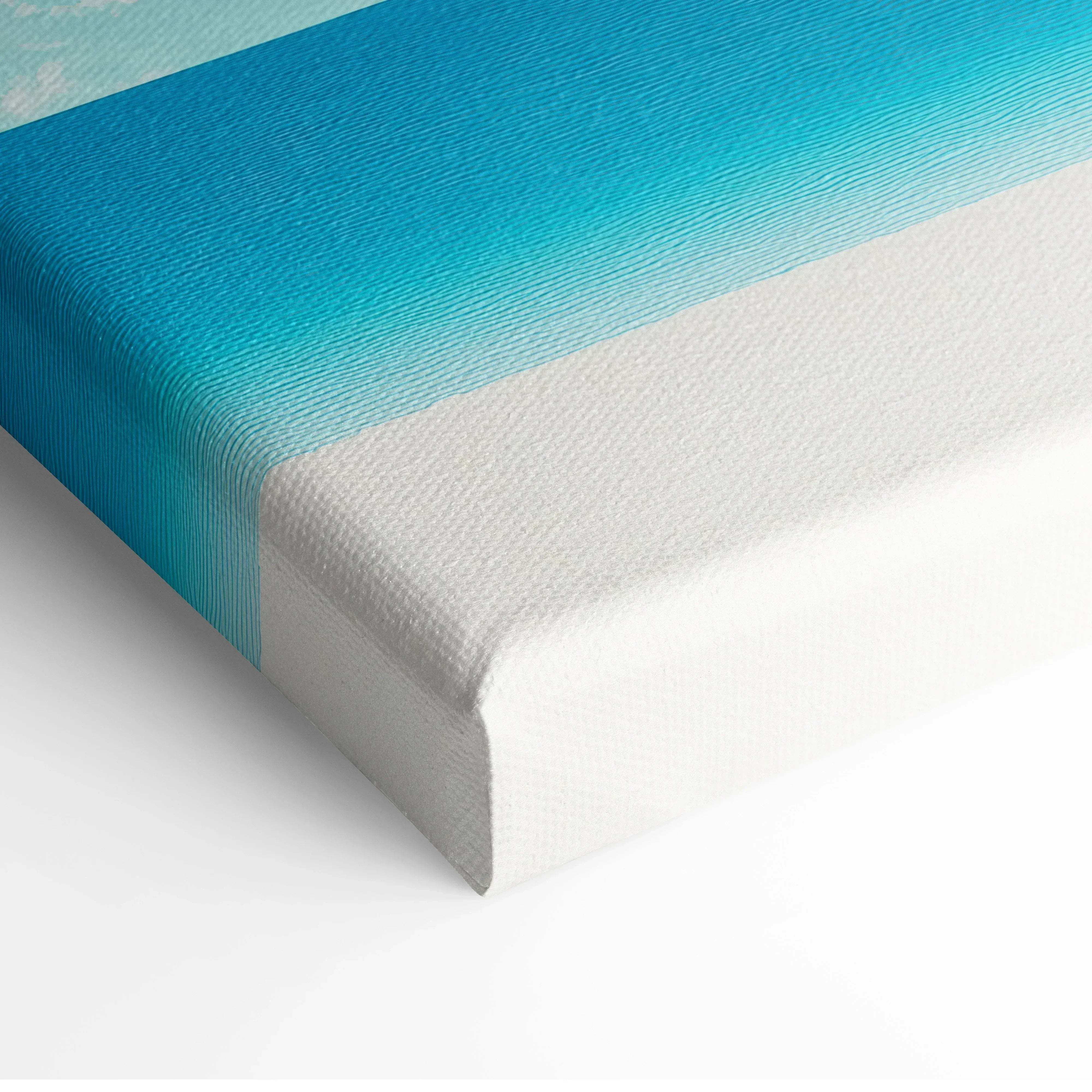Modern coastal beach scene canvas wall art with vibrant turquoise to soft white gradient on textured linen surface