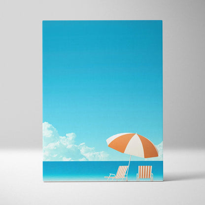 Canvas wall art featuring a bright blue sky, white clouds, ocean horizon, and orange-and-white beach umbrella with two.