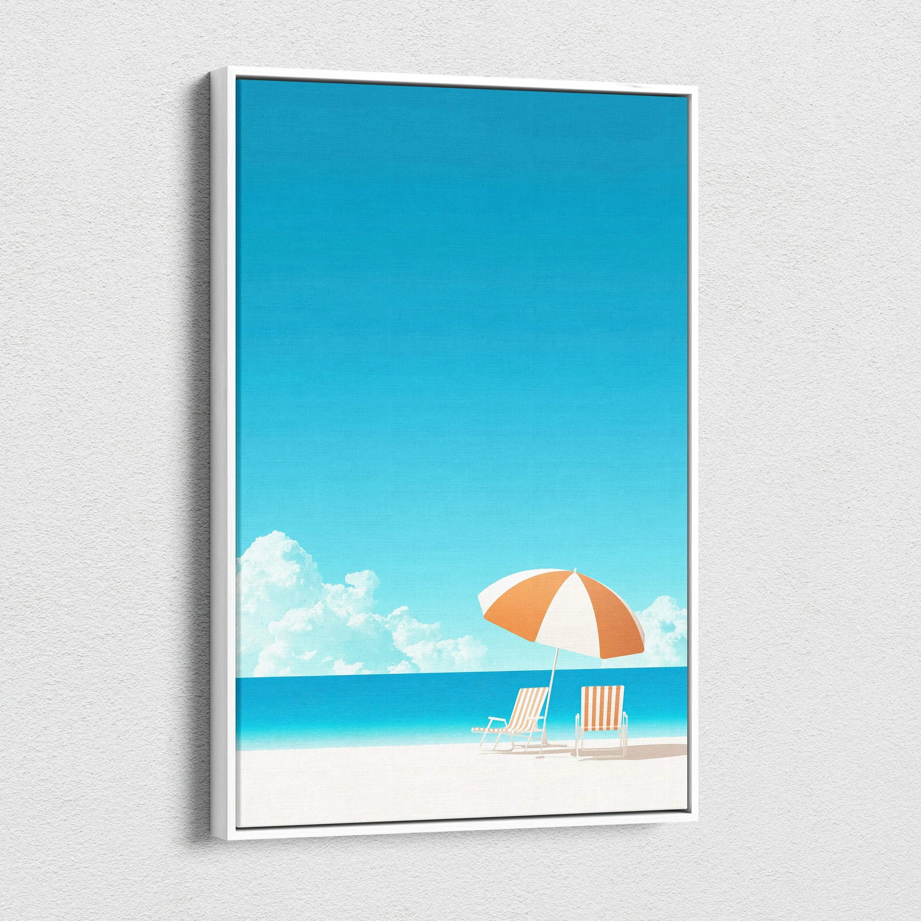 Canvas wall art featuring a minimalist beach scene with blue sky, white sand, and an orange-and-white striped beach umbrella