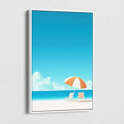 Canvas wall art featuring a minimalist beach scene with blue sky, white sand, and an orange-and-white striped beach umbrella