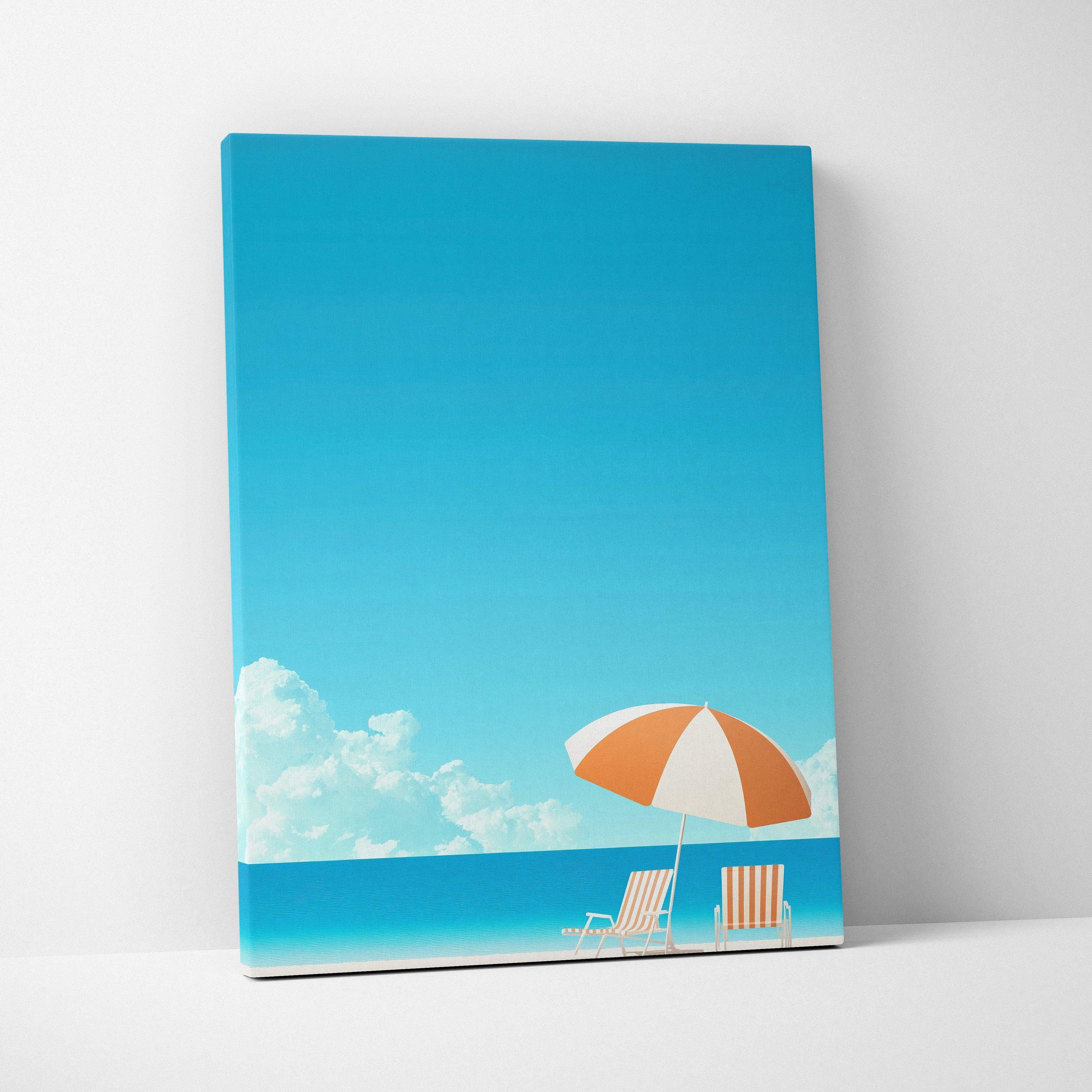 Canvas wall art featuring a bright blue sky, fluffy white clouds, and a beach scene with an orange and white umbrella and.