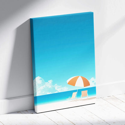 Canvas wall art featuring a minimalist beach scene with bright blue sky, white clouds, and orange-striped umbrella over two.