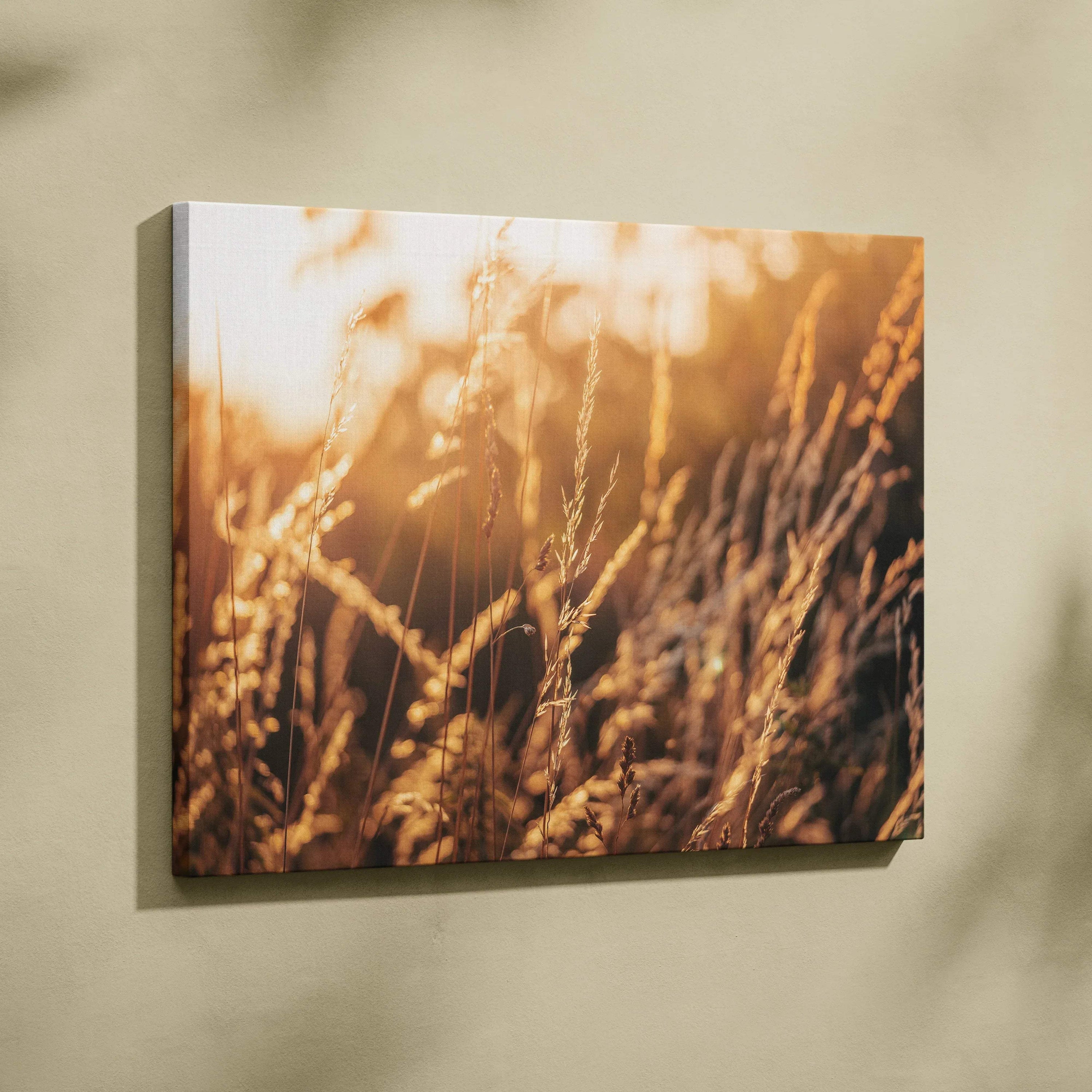 Canvas wall art featuring high-resolution summer grass and wildflowers in warm golden tones, perfect decor.