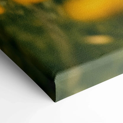 High-resolution close-up of canvas wall art corner with textured floral meadow and blooming tree decor colors.