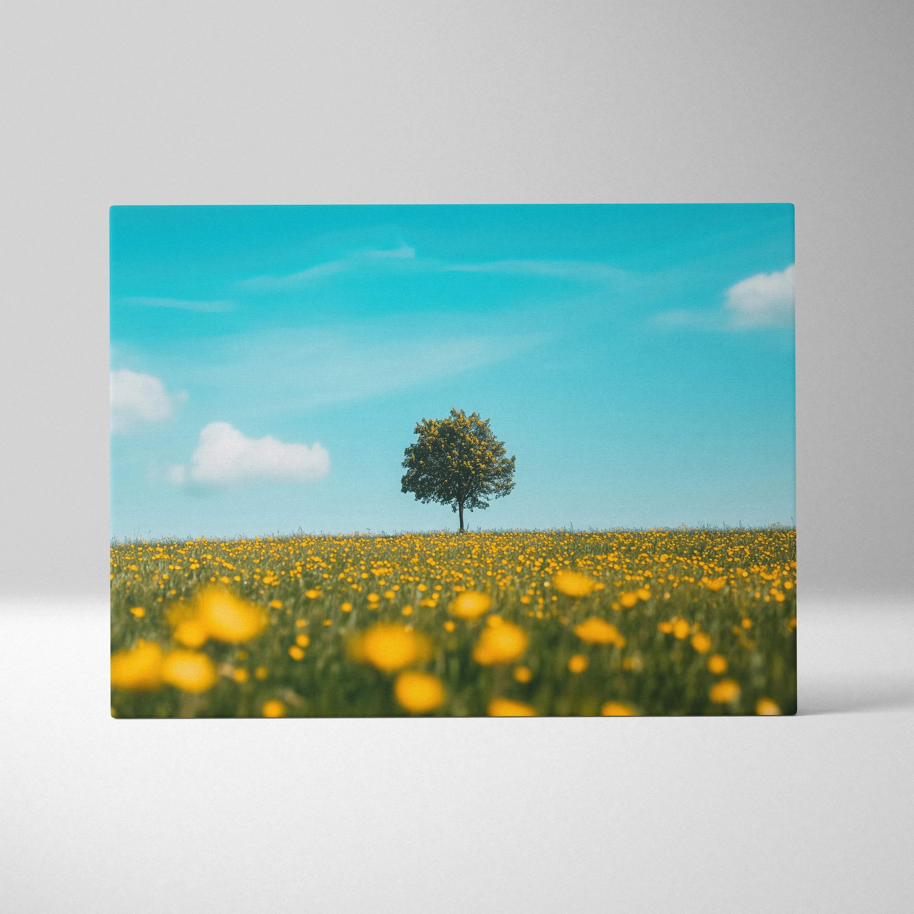Canvas wall art featuring a solitary tree in a blooming yellow floral meadow under a bright blue sky.