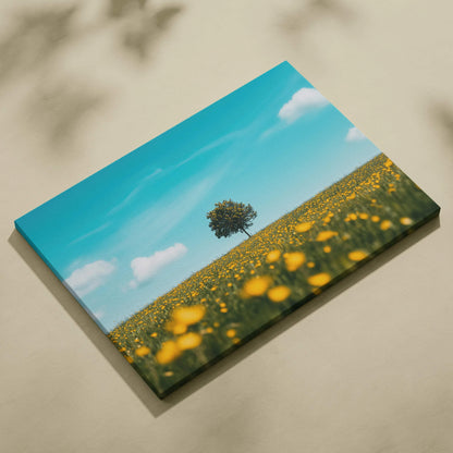 Canvas wall art of a lone tree in a blooming yellow floral meadow under a bright blue sky.