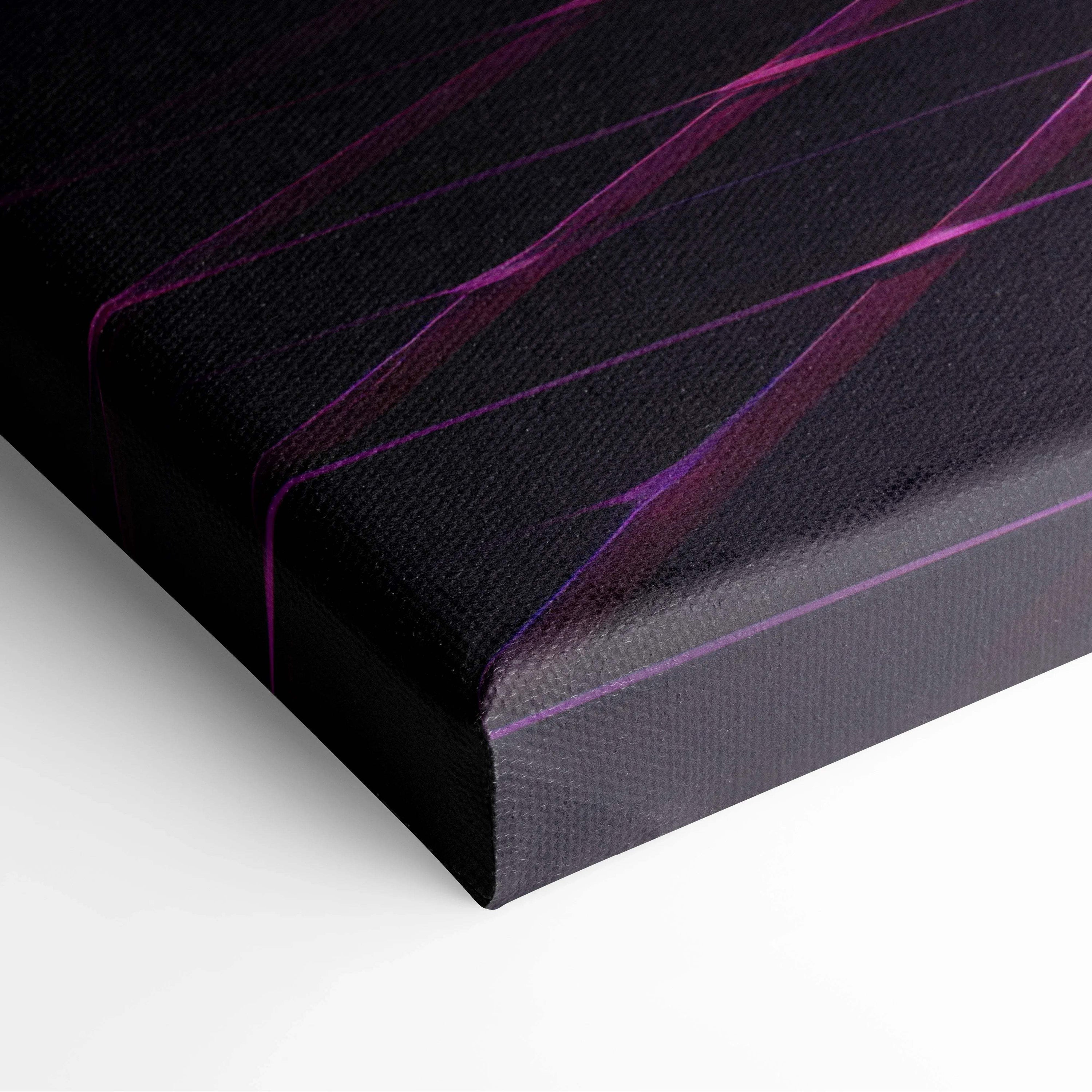 Black canvas print of neon cyberwave landscape with pink sun over grid mountains