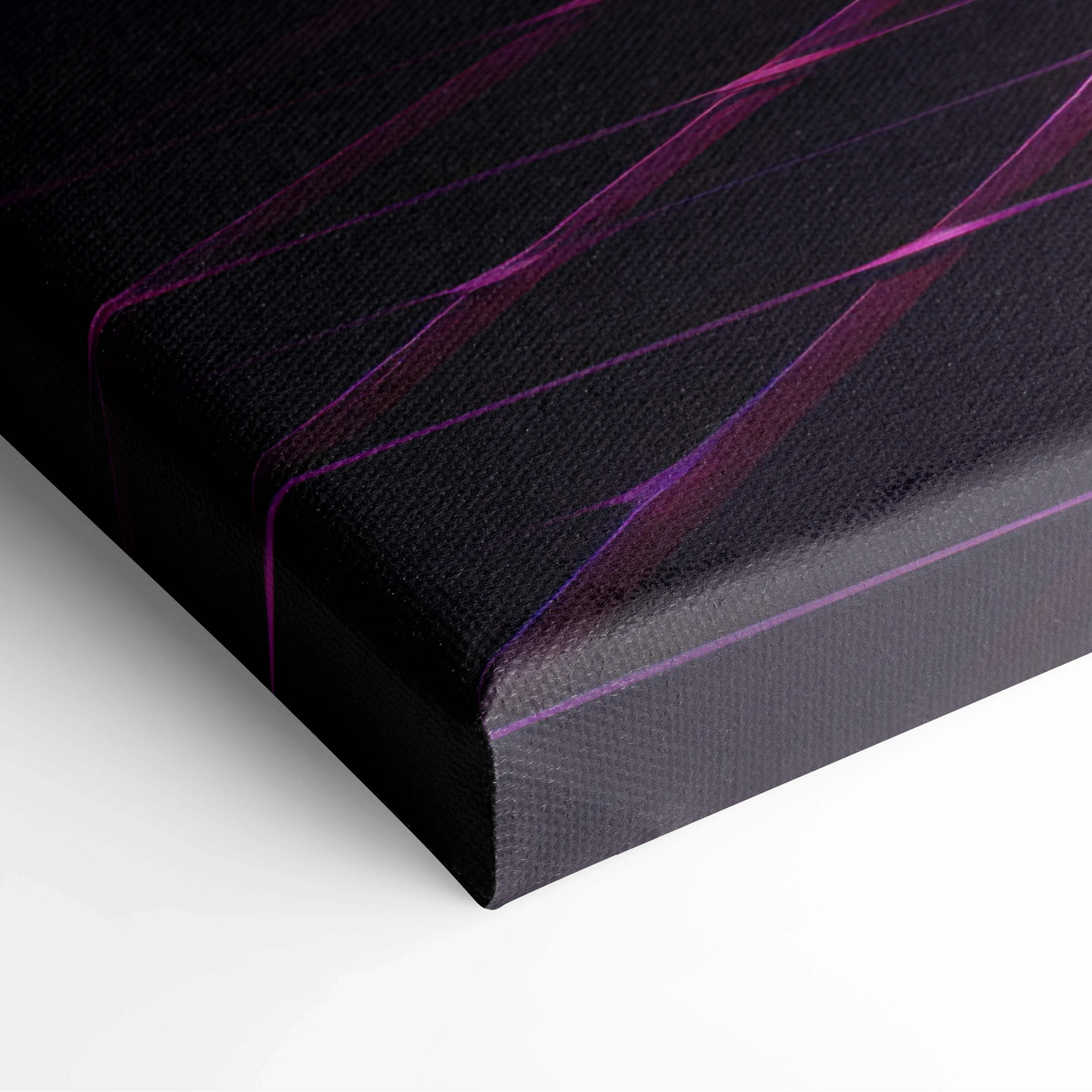 Black canvas print of neon cyberwave landscape with pink sun over grid mountains