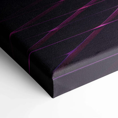 Black canvas print of neon cyberwave landscape with pink sun over grid mountains