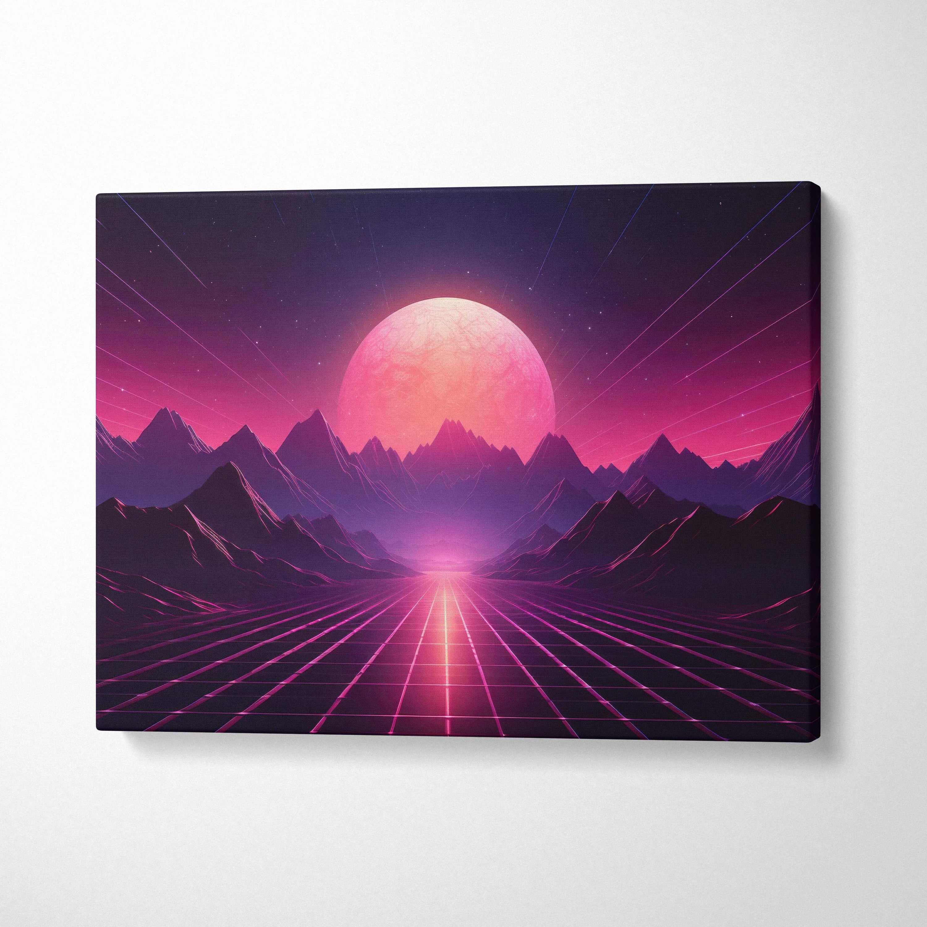 Vibrant neon cyberwave canvas art with pink sun rising over grid and jagged mountains