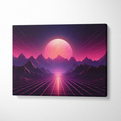 Vibrant neon cyberwave canvas art with pink sun rising over grid and jagged mountains