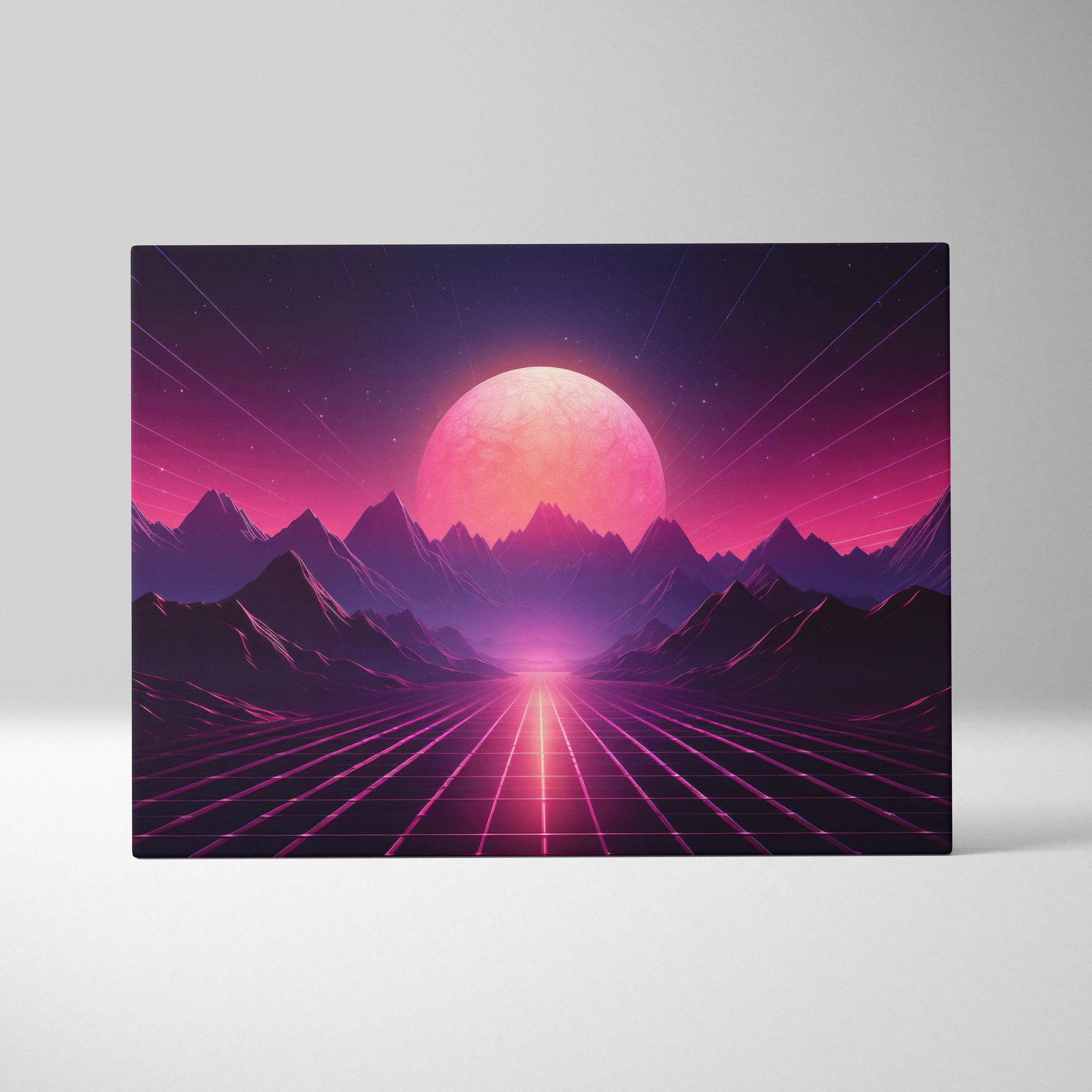 Vibrant neon cyberwave canvas art with pink sun rising over grid and jagged mountains