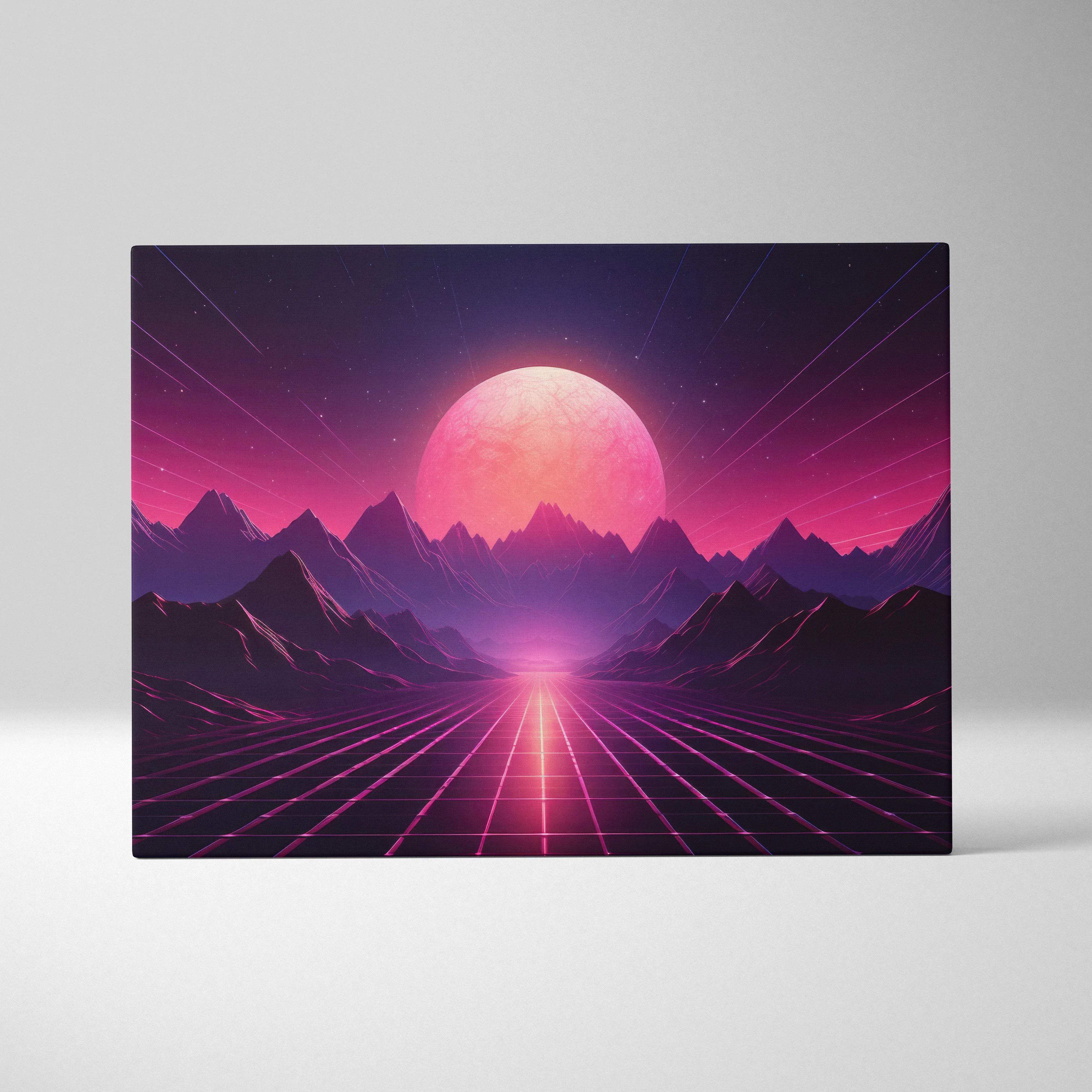 Vibrant neon cyberwave canvas art with pink sun rising over grid and jagged mountains
