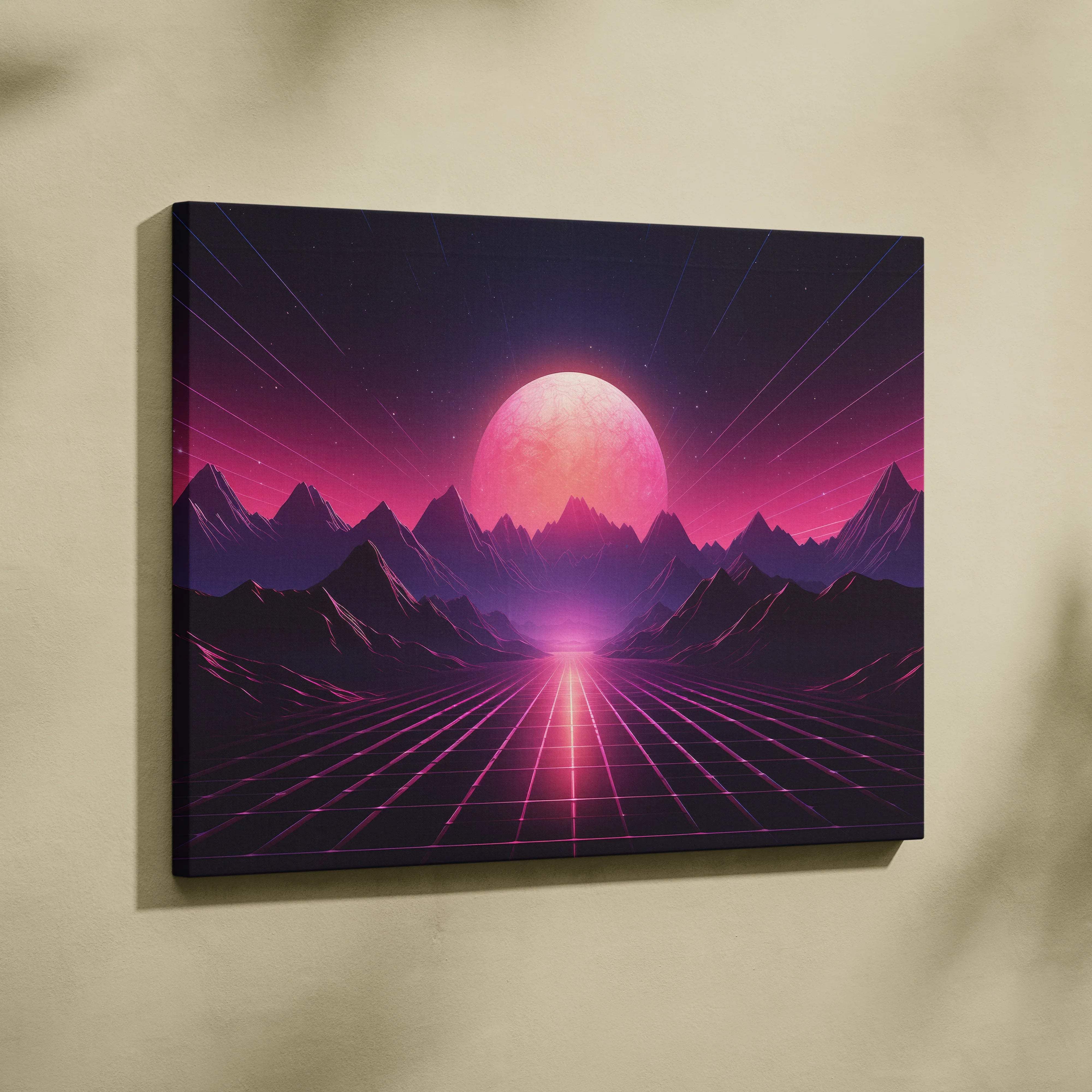 Neon cyberwave canvas wall art with pink sun rising over grid and jagged mountains