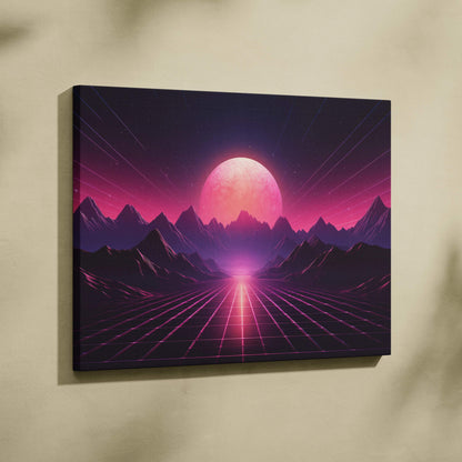 Neon cyberwave canvas wall art with pink sun rising over grid and jagged mountains