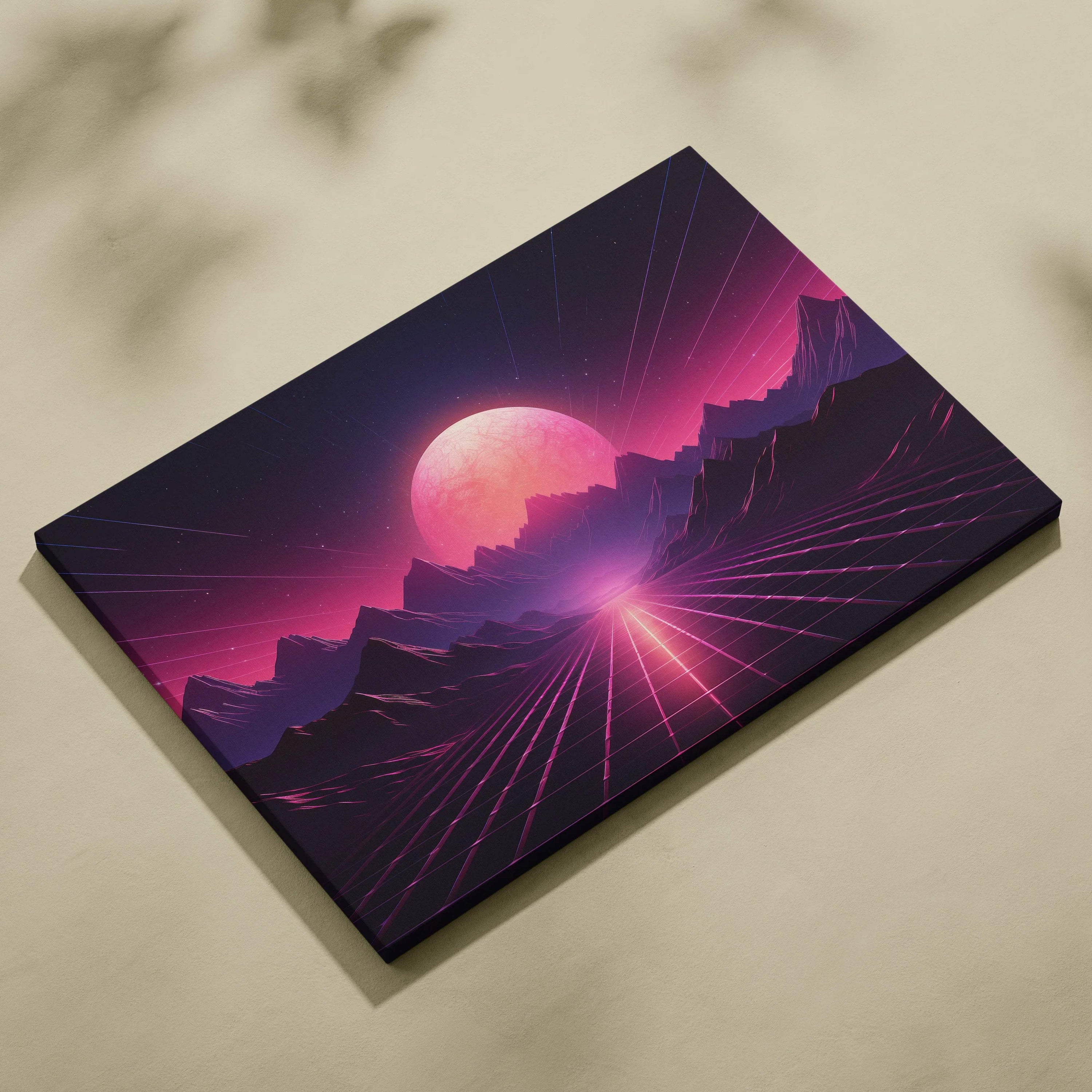 Nostalgic neon cyberwave canvas print with pink alien moon over jagged mountains