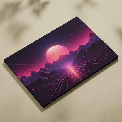 Nostalgic neon cyberwave canvas print with pink alien moon over jagged mountains
