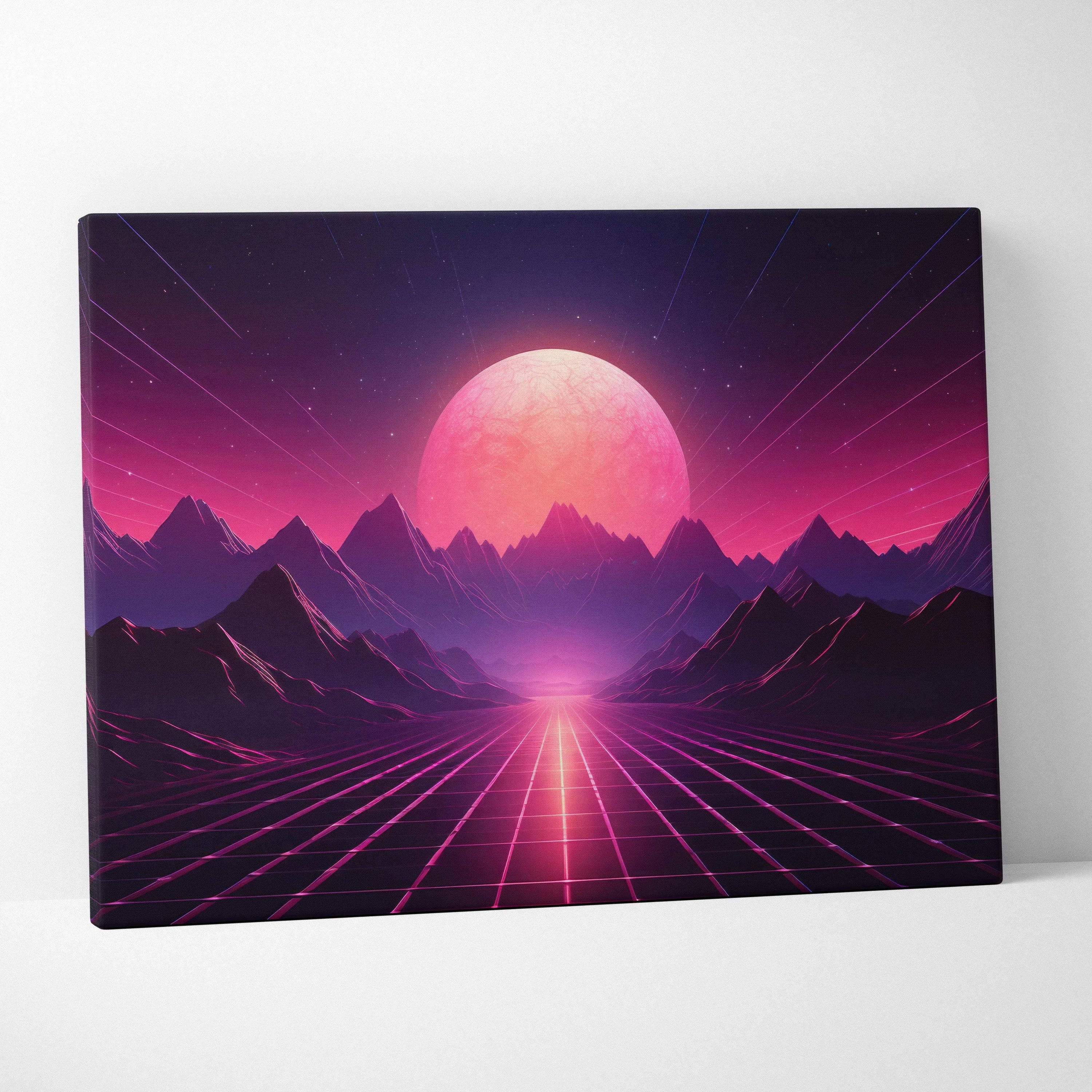 Neon cyberwave canvas wall art with pink sun rising over grid and jagged mountains