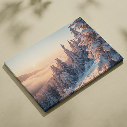 Canvas wall art featuring a snowy mountain landscape at sunset with soft pastel sky and frosted pine trees.