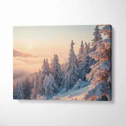 Snowy mountain sunset canvas wall art featuring winter trees covered in snow for home decor.