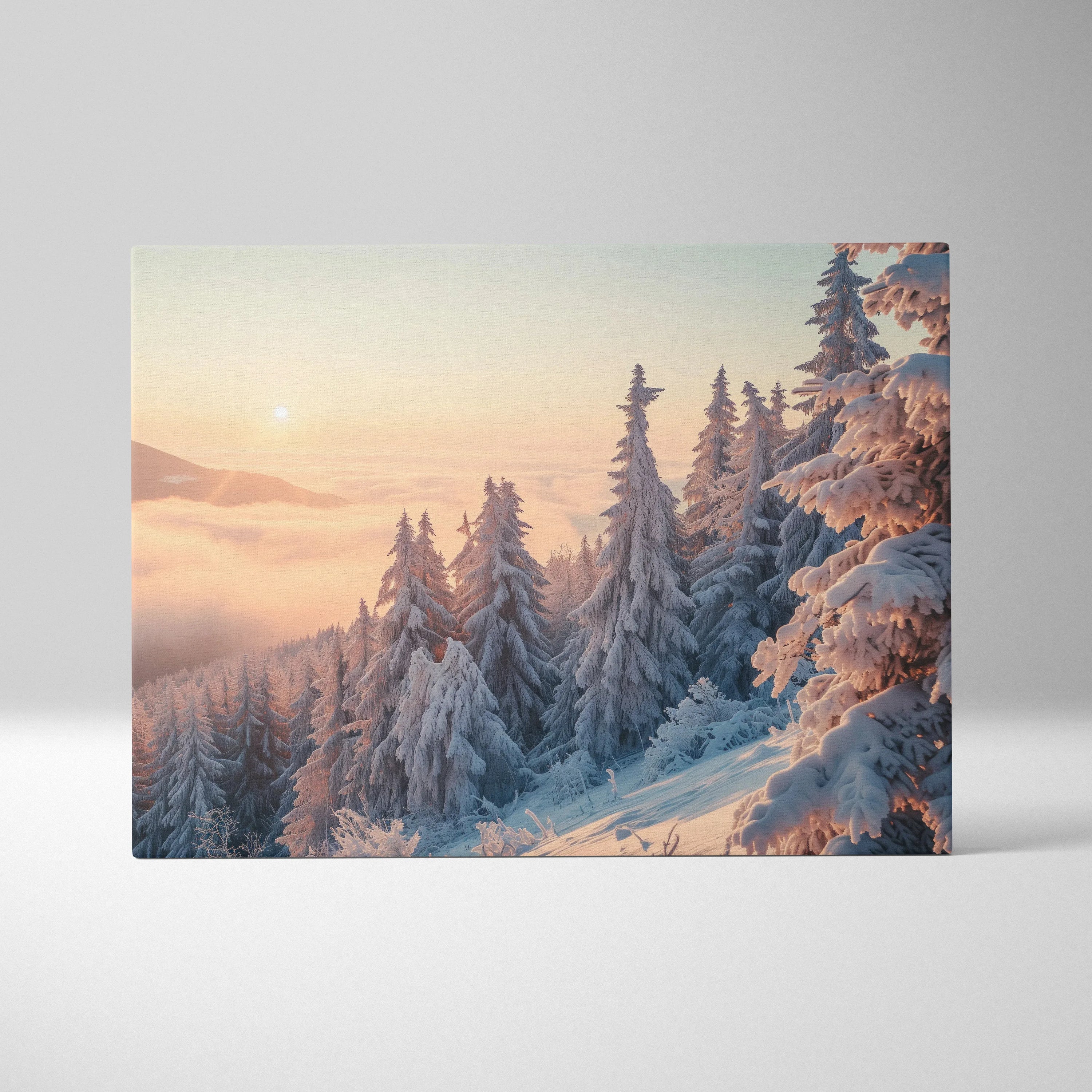Canvas wall art featuring a snowy mountain landscape at sunset with warm pastel sky and frosted pine trees.