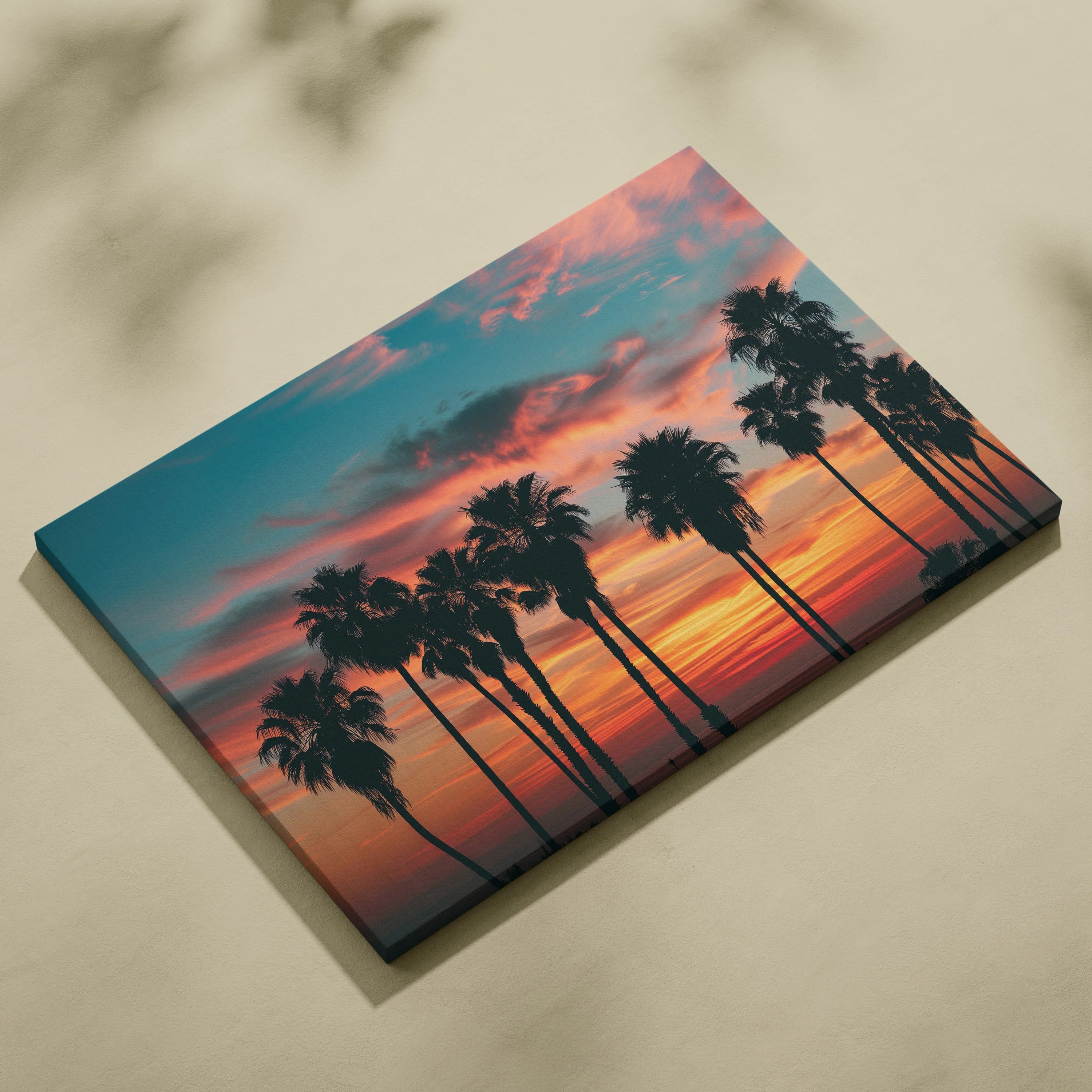 Tropical sunset palm trees silhouette canvas wall art with vibrant orange and blue sky decor.